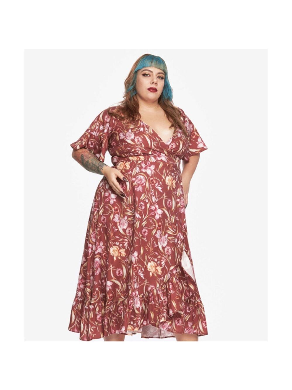 Loud Bodies Ida Wrap Dress Maroon Floral Print Sustainable SZ L NWT